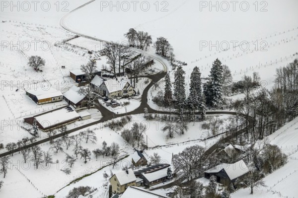 Aerial view of the winter landscape in Mosebolle with riding stable near Meschede in winter with snow in the Sauerland in North Rhine-Westphalia, Germany, Meschede, Sauerland, North Rhine-Westphalia, DE, Europe, aerial photo, birds-eyes view, aerial photography, aerial photography, overview, bird's eye view