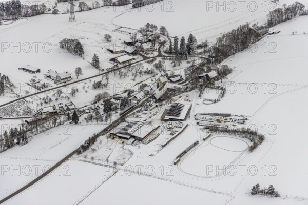 Aerial view of the winter landscape in Mosebolle with riding stable near Meschede in winter with snow in the Sauerland in North Rhine-Westphalia, Germany, Meschede, Sauerland, North Rhine-Westphalia, DE, Europe, aerial photo, birds-eyes view, aerial photography, aerial photography, overview, bird's eye view