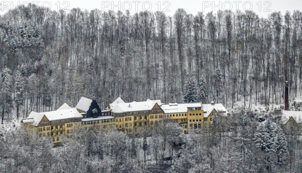 Aerial view of the former miners' hospital or the later Veramed clinic near Beringhausen near Meschede in winter with snow in the Sauerland in North Rhine-Westphalia, Germany, Meschede, Sauerland, North Rhine-Westphalia, DE, Europe, aerial photo, birds-eyes view, aerial photography, aerial photography, overview, bird's eye view