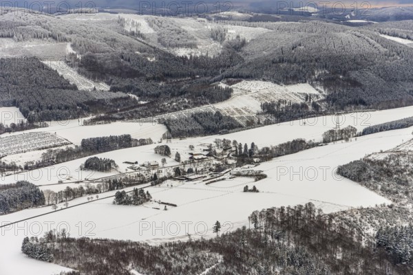 Aerial view of the winter landscape in Mosebolle with riding stable near Meschede in winter with snow in the Sauerland in North Rhine-Westphalia, Germany, Meschede, Sauerland, North Rhine-Westphalia, DE, Europe, aerial photo, birds-eyes view, aerial photography, aerial photography, overview, bird's eye view