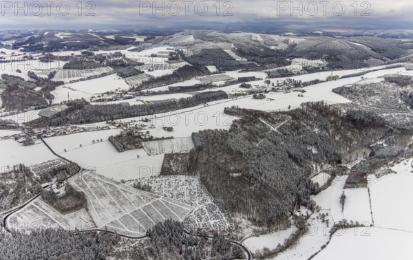 Aerial view of the winter landscape in Mosebolle with riding stable near Meschede in winter with snow in the Sauerland in North Rhine-Westphalia, Germany, Meschede, Sauerland, North Rhine-Westphalia, DE, Europe, aerial photo, birds-eyes view, aerial photography, aerial photography, overview, bird's eye view