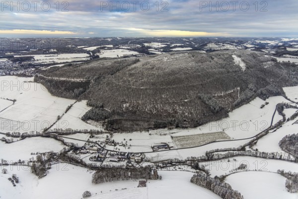 Aerial view of Vogelsang hill near Heggen near Meschede in winter with snow in Sauerland in North Rhine-Westphalia, Germany, Meschede, Sauerland, North Rhine-Westphalia, DE, Europe, aerial photo, birds-eyes view, aerial photography, aerial photography, overview, bird's eye view