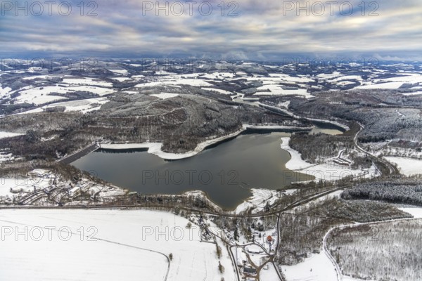 Aerial view of the Hennesee at low water near Meschede in winter with snow in the Sauerland in North Rhine-Westphalia, Germany, Meschede, Sauerland, North Rhine-Westphalia, DE, Europe, aerial photo, birds-eyes view, aerial photography, aerial photography, overview, overview, bird's eye view