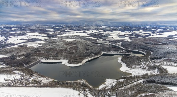 Aerial view of the Hennesee at low water near Meschede in winter with snow in the Sauerland in North Rhine-Westphalia, Germany, Meschede, Sauerland, North Rhine-Westphalia, DE, Europe, aerial photo, birds-eyes view, aerial photography, aerial photography, overview, overview, bird's eye view