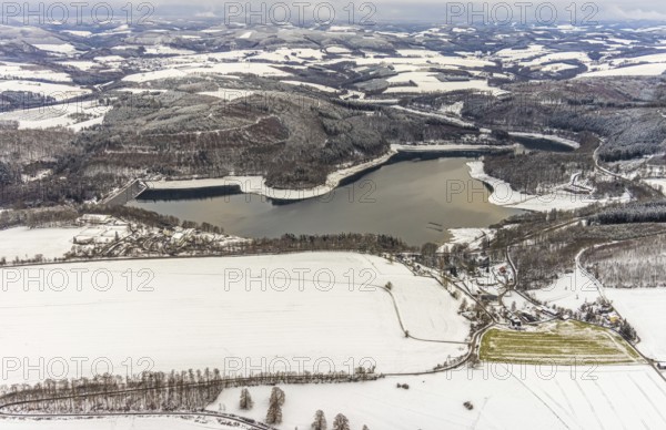 Aerial view of the Hennesee at low water near Meschede in winter with snow in the Sauerland in North Rhine-Westphalia, Germany, Meschede, Sauerland, North Rhine-Westphalia, DE, Europe, aerial photo, birds-eyes view, aerial photography, aerial photography, overview, overview, bird's eye view