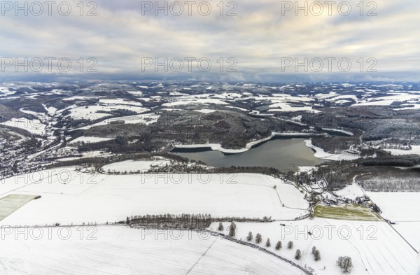 Aerial view of the Hennesee at low water near Meschede in winter with snow in the Sauerland in North Rhine-Westphalia, Germany, Meschede, Sauerland, North Rhine-Westphalia, DE, Europe, aerial photo, birds-eyes view, aerial photography, aerial photography, overview, overview, bird's eye view