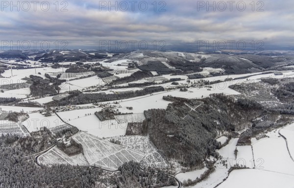 Aerial view of the winter landscape in Mosebolle with riding stable near Meschede in winter with snow in the Sauerland in North Rhine-Westphalia, Germany, Meschede, Sauerland, North Rhine-Westphalia, DE, Europe, aerial photo, birds-eyes view, aerial photography, aerial photography, overview, bird's eye view