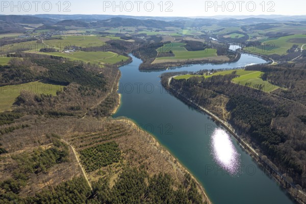 Aerial view, Hennesee, Hennetalsperre, Berghausen, Meschede, Sauerland, North Rhine-Westphalia, Germany, DE, Europe, hilly landscape, aerial view, aerial photography, aerial photography, lake, reservoir, overview, bird's-eye view, overview