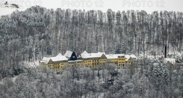 Aerial view of the former miners' hospital or the later Veramed clinic near Beringhausen near Meschede in winter with snow in the Sauerland in North Rhine-Westphalia, Germany, Meschede, Sauerland, North Rhine-Westphalia, DE, Europe, aerial photo, birds-eyes view, aerial photography, aerial photography, overview, bird's eye view