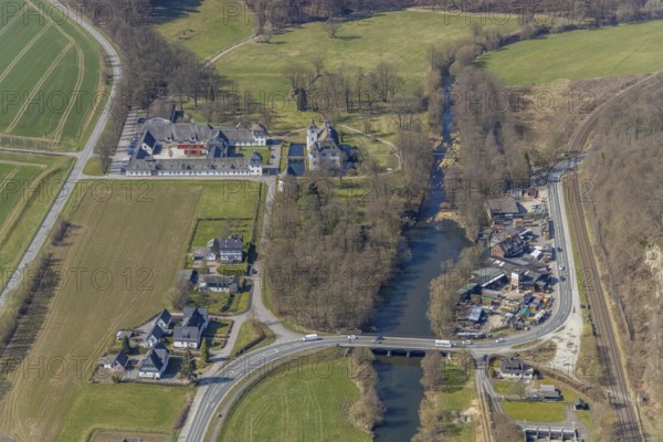 Aerial view, WasserSchloss Laer, river Ruhr, Holzhandel Schulte-Albert, Berghausen, Meschede, Sauerland, North Rhine-Westphalia, Germany, Burg, DE, Europe, moat, aerial view, aerial photography, aerial photography, STIFTUNG JA ZUM LEBEN, castle, overview, bird's-eye view, moat, moated castle, moated castle, bird's-eye view, overview