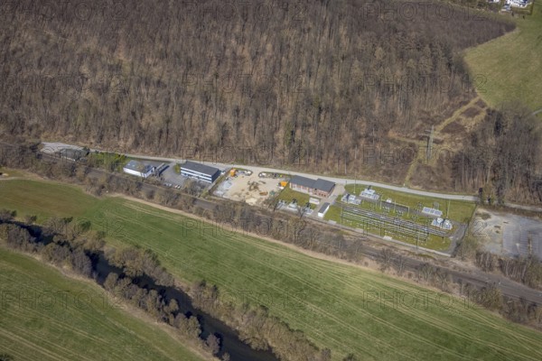 Aerial photograph, EnergieStation Meschede, Sophienweg am Hainberg, Berghausen, Meschede, Sauerland, North Rhine-Westphalia, Germany, DE, energy supplier, energy industry, Europe, aerial photograph, aerial photography, aerial photography, overview, bird's-eye view, forest area, birds-eyes view, overview