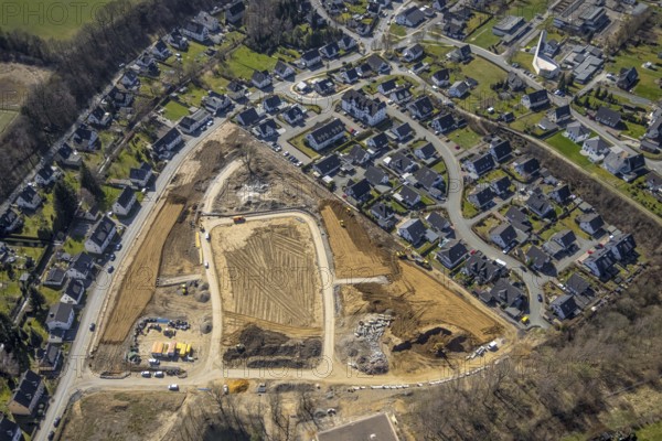 Aerial view, construction area residential development Waldstraße, new development area Ziegelei II, Meschede-Stadt, Meschede, Sauerland, North Rhine-Westphalia, Germany, construction work, construction vehicles, construction area, construction site, building plots, construction project, construction site, bridge, DE, development, Europe, site of the former concrete plant, property tax, real estate, capacity requirements, aerial view, aerial photography, aerial photography, overview, bird's-eye view, housing estate, housing and living, residential area, residential buildings, residential quality, residential neighbourhood, housing estate, birds-eyes view, overview