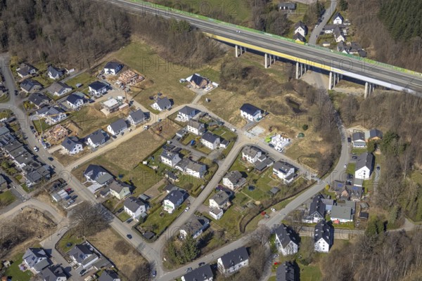 Aerial view, construction area residential development Waldstraße, new development area Ziegelei II, motorway A46 valley bridge, Meschede town, Meschede, Sauerland, North Rhine-Westphalia, Germany, construction work, construction vehicles, construction area, construction site, building plots, construction measure, construction project, construction site, bridge, DE, development, Europe, site of the former concrete plant, property tax, real estate, capacity requirements, aerial view, aerial photography, aerial photography, overview, bird's-eye view, housing estate, housing and living, residential area, residential buildings, residential quality, residential neighbourhood, housing estate, birds-eyes view, overview