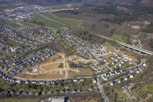 Aerial view, construction area residential development Waldstraße, new development area Ziegelei II, building in timber construction, motorway A46 viaduct, Meschede town, Meschede, Sauerland, North Rhine-Westphalia, Germany, construction work, construction vehicles, construction area, construction site, building plots, construction project, construction site, bridge, DE, development, Europe, site of former concrete plant, property tax, real estate, capacity requirements, aerial view, aerial photography, aerial photography, overview, bird's-eye view, residential area, housing and living, residential area, residential buildings, residential quality, residential neighbourhood, housing estate, birds-eyes view, overview