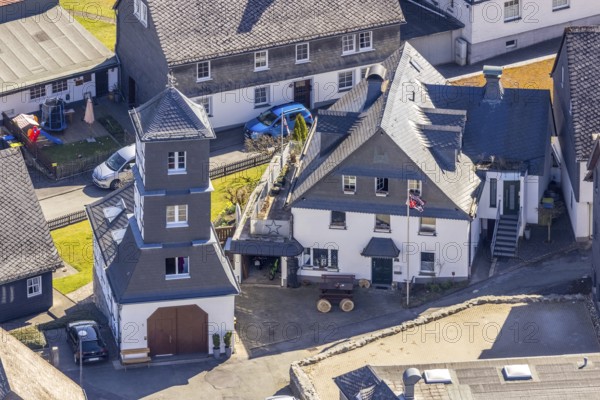Aerial view, old fire station, half-timbered house, Rittergasse, Eversberg, Meschede, Sauerland, North Rhine-Westphalia, Germany, DE, Europe, aerial view, aerial photography, aerial photography, sight, overview, bird's-eye view, historical, overview