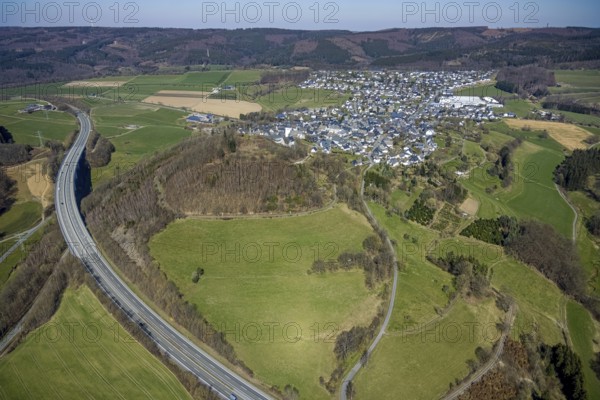 Aerial view, motorway A46 with view of Eversberg, Meschede, Sauerland, North Rhine-Westphalia, Germany, DE, Europe, aerial view, aerial photography, aerial photography, overview, bird's-eye view, overview