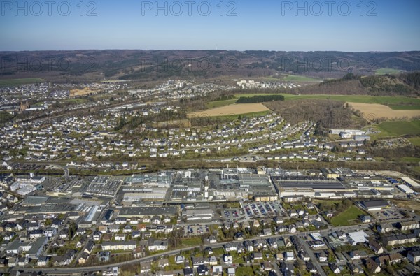 Aerial view, commercial area Fritz-Honsel.Straße, residential area Hünenburgstraße, Meschede-Stadt, Meschede, Sauerland, North Rhine-Westphalia, Germany, DE, Europe, commercial enterprises, commercial area, commercial location, commercial use, property tax, real estate, industrial area, industrial location, aerial photograph, aerial photography, aerial photography, overview, bird's-eye view, forest area, residential area, housing and living, residential area, residential buildings, residential quality, residential quarter, housing estate, bird's-eye view, overview