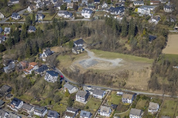 Aerial view, brownfield, residential area Unterm Hasenfeld, Meschede-Stadt, Meschede, Sauerland, North Rhine-Westphalia, Germany, building area, building plots, DE, Europe, aerial view, aerial photography, aerial photography, overview, bird's eye view, living and life, birds-eyes view, overview