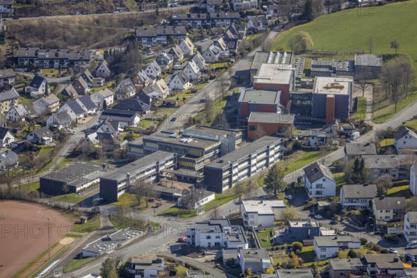Aerial view, St. Walburga Hauptschule und Realschule und Gymnasium der Stadt Meschede, Meschede-Stadt, Meschede, Sauerland, North Rhine-Westphalia, Germany, education, educational institution, DE, Europe, educational institute, aerial view, aerial photography, aerial photography, Schederweg, school, overview, bird's-eye view, overview