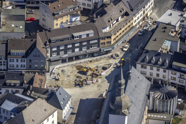 Aerial view, Redevelopment and remodelling Kaiser-Otto-Platz, Catholic parish church St. Walburga, Meschede-Stadt, Meschede, Sauerland, North Rhine-Westphalia, Germany, place of worship, construction work, construction area, building site, building plots, construction project, construction site, DE, Europe, religious community, place of worship, holy place, church, parish, denomination, aerial view, aerial photography, aerial photography, religion, religious site, overview, bird's-eye view, overview