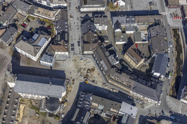 Aerial view, Redevelopment and remodelling Kaiser-Otto-Platz, Catholic parish church St. Walburga, Meschede-Stadt, Meschede, Sauerland, North Rhine-Westphalia, Germany, place of worship, construction work, construction area, building site, building plots, construction project, construction site, DE, Europe, religious community, place of worship, holy place, church, parish, denomination, aerial view, aerial photography, aerial photography, religion, religious site, overview, bird's-eye view, overview
