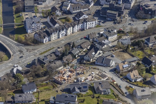 Aerial view, construction site, new building Berghauser Weg, Meschede-Stadt, Meschede, Sauerland, North Rhine-Westphalia, Germany, construction work, construction area, construction site, building plots, construction crane, construction project, construction site, DE, Europe, aerial view, aerial photography, aerial photography, new building, overview, bird's-eye view, overview