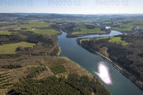 Aerial view, Hennesee, Hennetalsperre, Berghausen, Meschede, Sauerland, North Rhine-Westphalia, Germany, DE, Europe, hilly landscape, aerial view, aerial photography, aerial photography, lake, reservoir, overview, bird's-eye view, overview