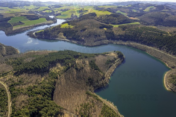 Aerial view, Hennesee, Hennetalsperre, Berghausen, Meschede, Sauerland, North Rhine-Westphalia, Germany, DE, Europe, hilly landscape, aerial view, aerial photography, aerial photography, lake, reservoir, overview, bird's-eye view, overview