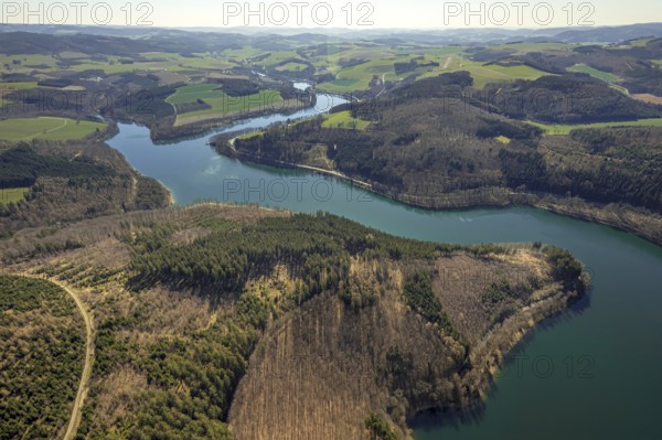Aerial view, Hennesee, Hennetalsperre, Berghausen, Meschede, Sauerland, North Rhine-Westphalia, Germany, DE, Europe, hilly landscape, aerial view, aerial photography, aerial photography, lake, reservoir, overview, bird's-eye view, overview