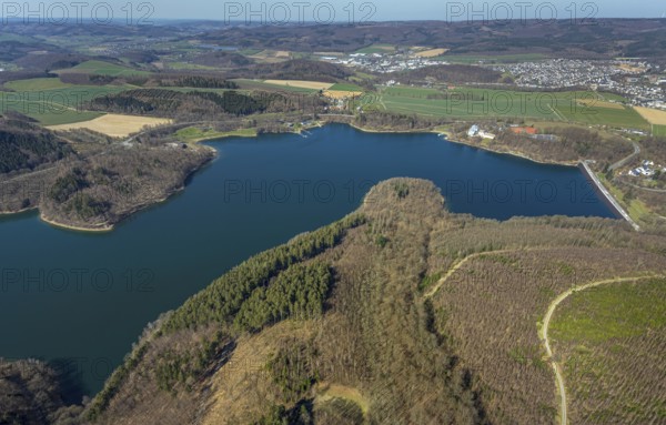 Aerial view, Hennesee, Hennetalsperre, Hennesee dam, Berghausen, Meschede, Sauerland, North Rhine-Westphalia, Germany, DE, Europe, hilly landscape, aerial view, aerial photography, aerial photography, lake, dam wall, reservoir, overview, bird's-eye view, overview