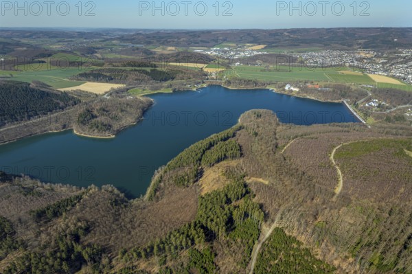 Aerial view, Hennesee, Hennetalsperre, Hennesee dam, Berghausen, Meschede, Sauerland, North Rhine-Westphalia, Germany, DE, Europe, hilly landscape, aerial view, aerial photography, aerial photography, lake, dam wall, reservoir, overview, bird's-eye view, overview