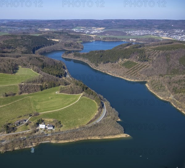 Aerial view, Hennesee, Hennetalsperre, Berghausen, Meschede, Sauerland, North Rhine-Westphalia, Germany, DE, Europe, hilly landscape, aerial view, aerial photography, aerial photography, lake, reservoir, overview, bird's-eye view, overview