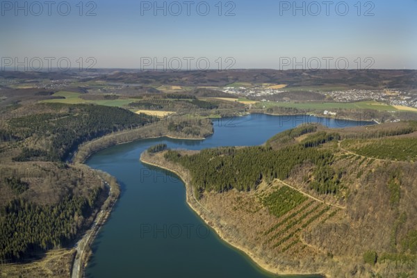 Aerial view, Hennesee, Hennetalsperre, Berghausen, Meschede, Sauerland, North Rhine-Westphalia, Germany, DE, Europe, hilly landscape, aerial view, aerial photography, aerial photography, lake, reservoir, overview, bird's-eye view, overview