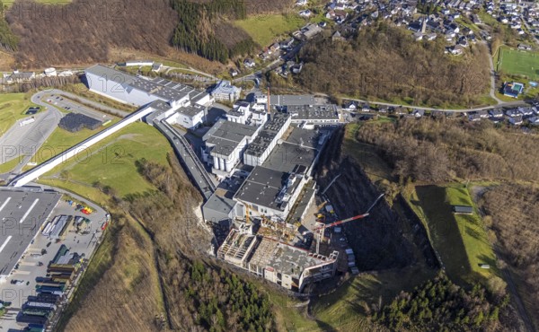 Brewery C.& A. VELTINS GmbH & Co. KG, construction site and new building, Grevenstein, Meschede, Sauerland, North Rhine-Westphalia, Germany, construction work, construction area, construction site, building plots, construction project, construction site, DE, Europe, aerial photograph, aerial photography, aerial photography, new building, Sundern, overview, Veltins brewery, bird's-eye view, birds-eyes view, overview
