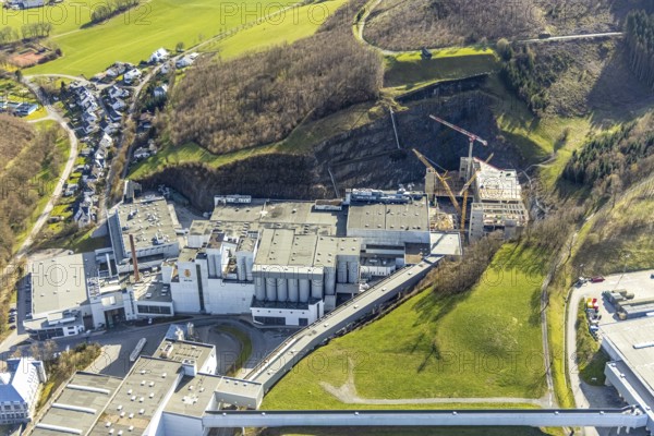 Brewery C.& A. VELTINS GmbH & Co. KG, construction site and new building, Grevenstein, Meschede, Sauerland, North Rhine-Westphalia, Germany, construction work, construction area, construction site, building plots, construction project, construction site, DE, Europe, aerial photograph, aerial photography, aerial photography, new building, Sundern, overview, Veltins brewery, bird's-eye view, birds-eyes view, overview