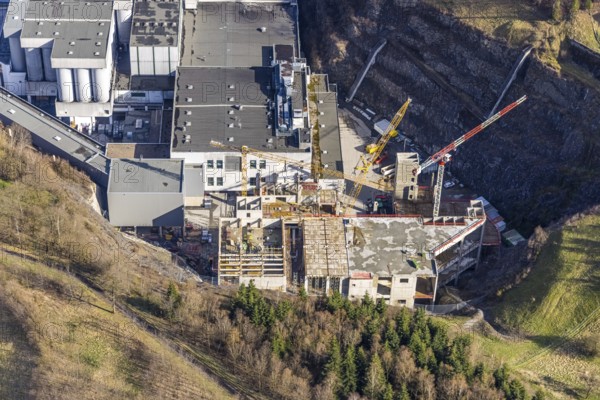 Brewery C.& A. VELTINS GmbH & Co. KG, construction site and new building, Grevenstein, Meschede, Sauerland, North Rhine-Westphalia, Germany, construction work, construction area, construction site, building plots, construction project, construction site, DE, Europe, aerial photograph, aerial photography, aerial photography, new building, Sundern, overview, Veltins brewery, bird's-eye view, birds-eyes view, overview