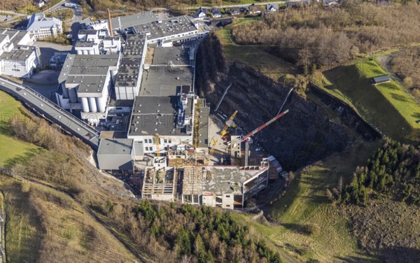 Brewery C.& A. VELTINS GmbH & Co. KG, construction site and new building, Grevenstein, Meschede, Sauerland, North Rhine-Westphalia, Germany, construction work, construction area, construction site, building plots, construction project, construction site, DE, Europe, aerial photograph, aerial photography, aerial photography, new building, Sundern, overview, Veltins brewery, bird's-eye view, birds-eyes view, overview