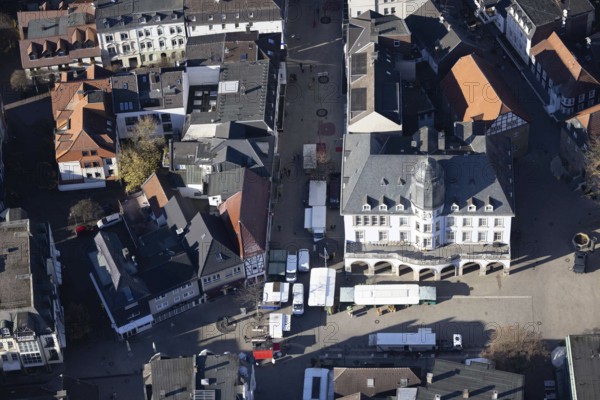 Aerial view, old town hall with market place in Menden, Sauerland, North Rhine-Westphalia, Germany, DE, Europe, aerial view, aerial photography, aerial photography, market, Menden, town hall, overview, bird's eye view, birds-eyes view, overview