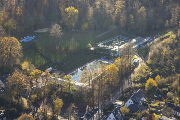Aerial view, Bürgerbad Leitmecke in Menden, Sauerland, North Rhine-Westphalia, Germany, bathing establishment, bathing resort, DE, Europe, outdoor pool, leisure activities, aerial view, aerial photography, aerial photography, Menden, swimming pool, swimming pool, overview, bird's-eye view, overview
