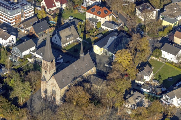 Aerial view, St. Josef Church in the district of Lendringsen in Menden, Sauerland, North Rhine-Westphalia, Germany, place of worship, DE, Europe, religious community, place of worship, sacred site, church, parish, denomination, aerial view, aerial photography, aerial photography, Menden, religion, religious site, overview, bird's-eye view, overview