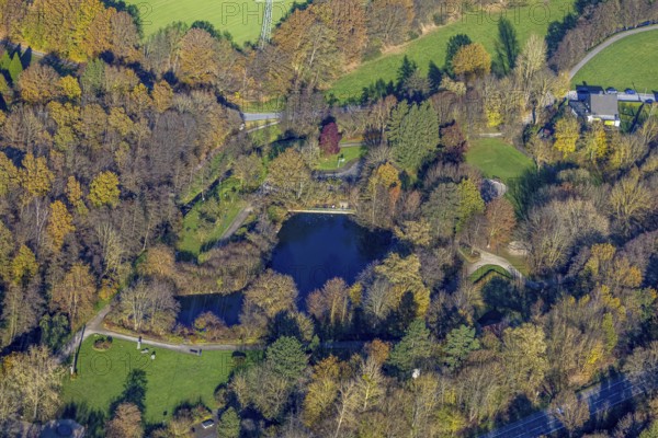 Aerial view, leisure centre Biebertal with pond in the district Lendringsen in Menden, Sauerland, North Rhine-Westphalia, Germany, DE, Europe, leisure area, aerial view, aerial photography, aerial photography, Menden, overview, bird's-eye view, overview