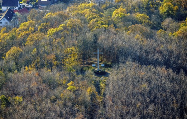 Aerial view, Galbusch Cross Memorial in the forest in Menden, Sauerland, North Rhine-Westphalia, Germany, DE, Europe, cross, aerial view, aerial photography, aerial photography, memorial, Menden, victims of the two world wars, overview, bird's-eye view, overview