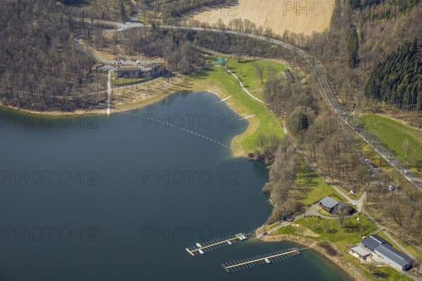 Aerial view, Berghauser Bucht - Badestrand am Hennesee, Berghausen, Meschede, Sauerland, North Rhine-Westphalia, Germany, DE, Europe, distant view, Hennetalsperre, hilly landscape, aerial view, aerial photography, aerial photography, dam, overview, bird's-eye view, forest area, birds-eyes view, overview