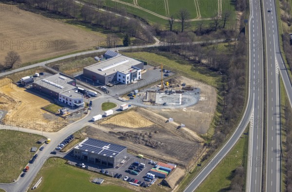 Aerial view, construction site industrial estate Enste, Auf dem Bruch, Enste, Meschede, Sauerland, North Rhine-Westphalia, Germany, expansion areas, motorway A46, motorway exit Enste, construction area, construction site, building plots, construction project, construction site, construction site industrial estate Auf dem Bruch, DE, development, Europe, commercial enterprises, commercial area, industrial estate, commercial park, commercial location, commercial use, industrial estate, industrial building, industrial location, Juma Logistik, Juma Logistik GmbH, capacity requirements, aerial view, aerial photography, aerial photography, production plants, production halls, overview, bird's eye view, birds-eyes view, overview