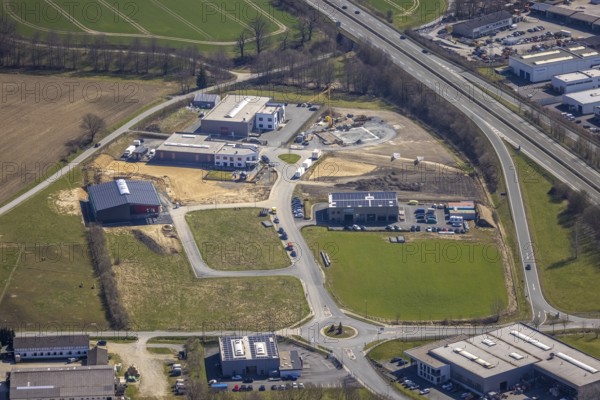 Aerial view, construction site industrial estate Enste, Auf dem Bruch, Enste, Meschede, Sauerland, North Rhine-Westphalia, Germany, expansion areas, motorway A46, motorway exit Enste, construction area, construction site, building plots, construction project, construction site, construction site industrial estate Auf dem Bruch, DE, development, Europe, commercial enterprises, commercial area, industrial estate, commercial park, commercial location, commercial use, industrial estate, industrial building, industrial location, Juma Logistik, Juma Logistik GmbH, capacity requirements, aerial view, aerial photography, aerial photography, production plants, production halls, overview, bird's eye view, birds-eyes view, overview