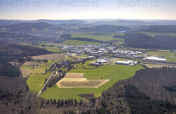 Aerial view, industrial area Enste, motorway A46, Meschede, Sauerland, North Rhine-Westphalia, Germany, DE, Enster Straße, Europe, distant view, hilly landscape, aerial view, aerial photography, aerial photography, overview, bird's eye view, forest area, birds-eyes view, overview