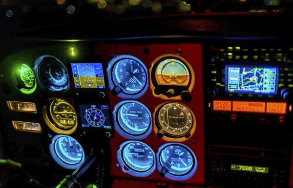 Aerial photograph, aeroplane cockpit, Cessna 172 RG, night lighting, Drewer, Marl, Ruhr area, North Rhine-Westphalia, Germany, DE, twilight photography, Europe, instrument display, light pollution, aerial photograph, aerial photography, night, night photography, night flight, pilot's workplace, overview, bird's eye view, illuminated streets, birds-eyes view, nightflight, overview