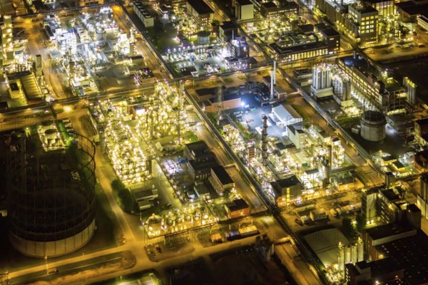 Aerial view, chemical park Marl, chemical zone, Marl, Ruhr area, North Rhine-Westphalia, Germany, DE, twilight photography, Europe, commercial area, commercial area, commercial location, commercial use, industrial area, industrial location, light pollution, aerial photography, aerial photography, aerial photography, night, night photography, night flight, overview, bird's eye view, illuminated streets, birds-eyes view, nightflight, overview