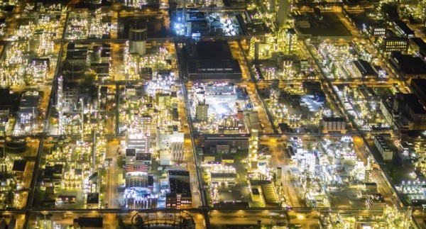 Aerial view, chemical park Marl, chemical zone, Marl, Ruhr area, North Rhine-Westphalia, Germany, DE, twilight photography, Europe, commercial area, commercial area, commercial location, commercial use, industrial area, industrial location, light pollution, aerial photography, aerial photography, aerial photography, night, night photography, night flight, overview, bird's eye view, illuminated streets, birds-eyes view, nightflight, overview