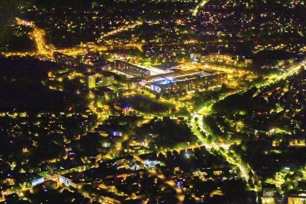 Aerial view, Marler Stern shopping centre, Marl, Ruhr area, North Rhine-Westphalia, Germany, City-See, DE, twilight photography, shopping centre, shopping square, shopping mall, Europe, specialist stores, Hervester Straße, light pollution, aerial photography, aerial photography, aerial photography, night, night photography, night flight, shopping, overview, bird's eye view, illuminated streets, birds-eyes view, nightflight, overview
